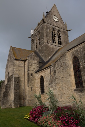 Parachute memorial on church spire, Saint-Mère-Eglise, Normandy